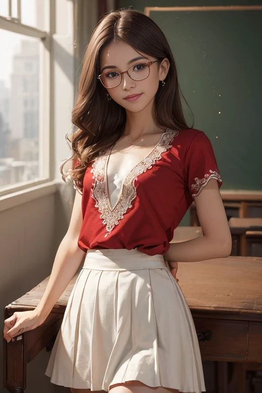 (A small chest:1.3),(Masterpiece, Best quality:1.4), (Beautiful, Aesthetic, Perfect, Delicate, Intricate:1.2),((Best quality)), ((Masterpiece)), (Detailed),(A high resolution:1.2), Classroom, An female, Smiling Claudia Chever, Red shirt, White skirt, Glasses, Bend over, angle of view,