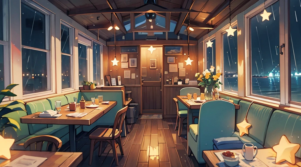 inside the seaside cafe, night time, rain outside the window, star shaped lighting