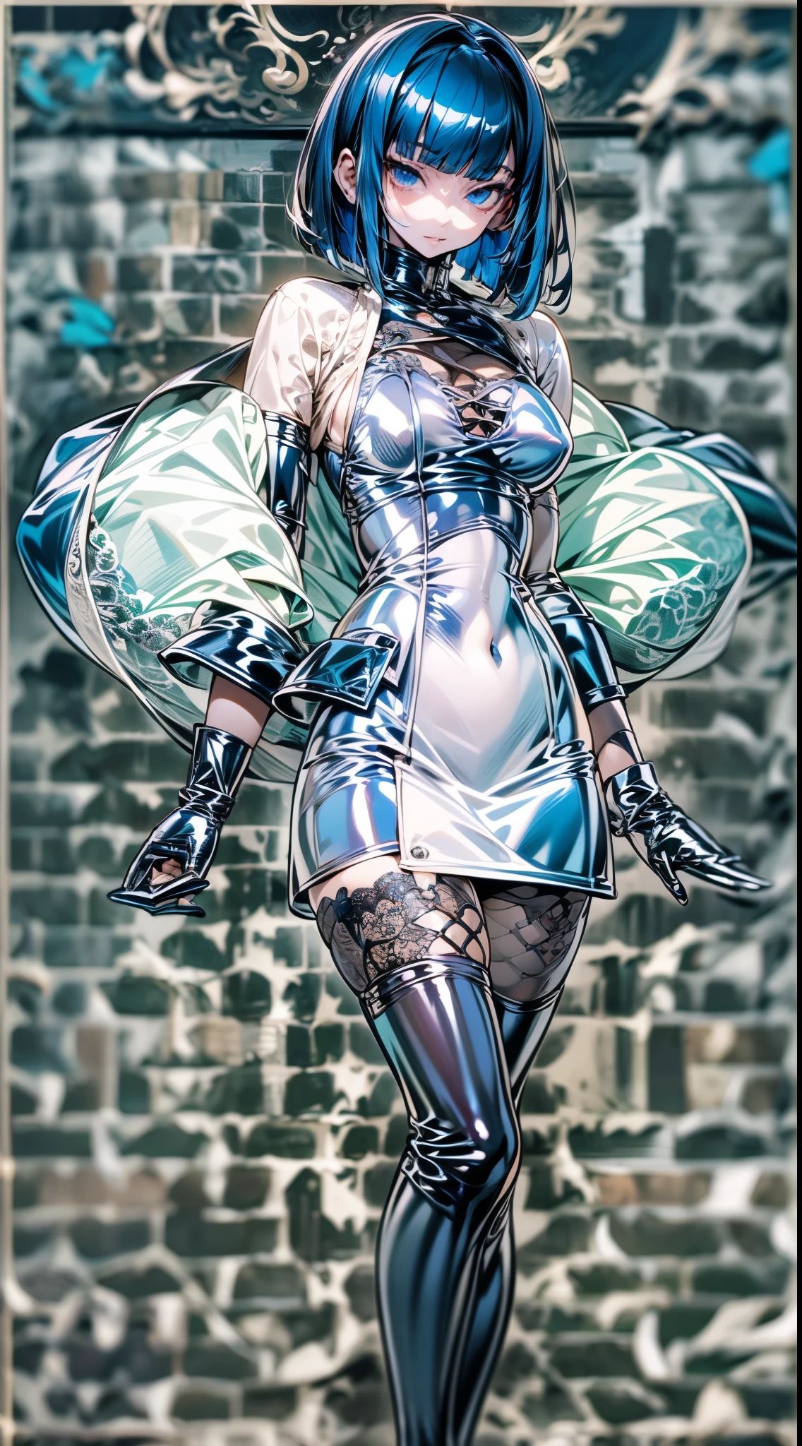 Minimalistic, Baroque Opulence, full body image of a anime girl, solo, dark blue hair, blunt bangs, straight short bob, blue sanpaku eyes, (black latex gloves: 1.5), ultra dynamic angle, ultra dynamic posture, ultra detailed, 8k.