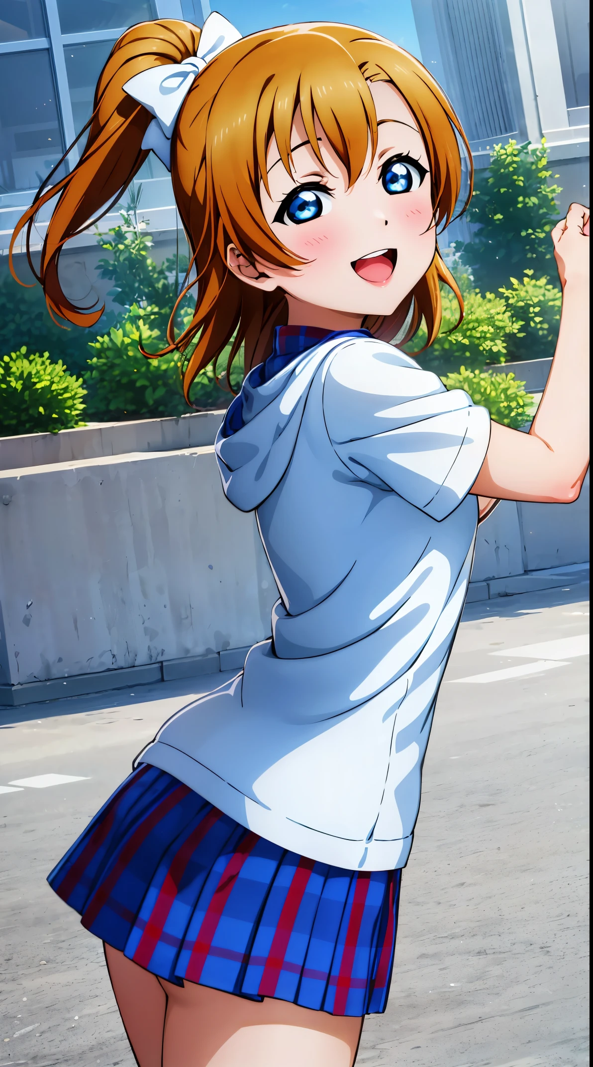 kousaka_honoka_lovelive, blue_eyes, orange_hair, one_side_up, smile, blush, short_hair, open_mouth, bow, hair_bow, hair_ornament, from back up, look at viewer,