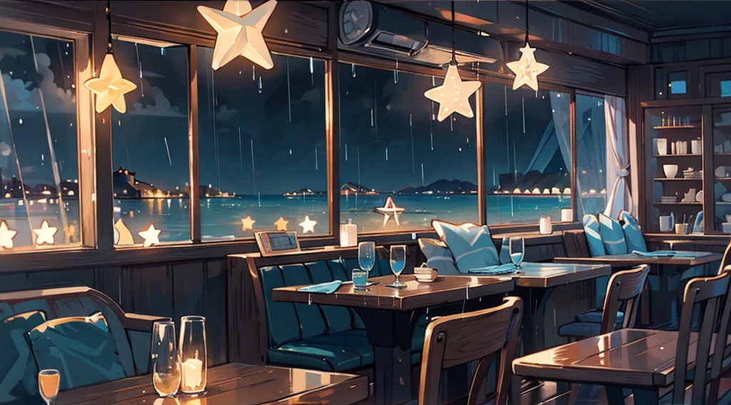 inside the seaside cafe, night time, rain outside the window, star shaped lighting