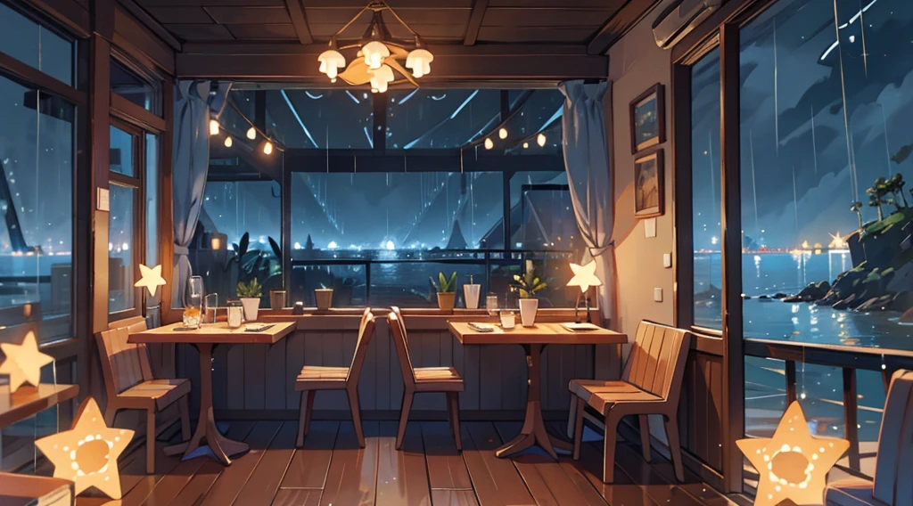 inside the seaside cafe, night time, rain outside the window, star shaped lighting