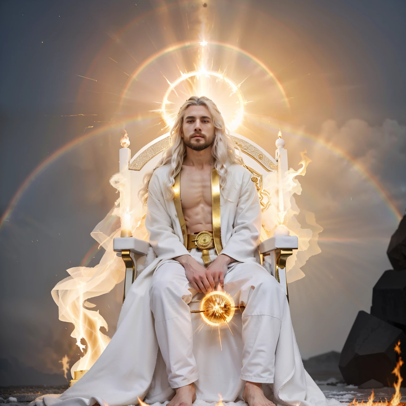 Photorealistic, Jesus sitting on the white throne something glowing like electrum that was like a fire radiating from what appeared to be his waist and upward; and from his waist down, I saw something that resembled fire., (((There was a round brilliance flare all around him 28 like that of a round rainbow in a cloud on a rainy day))), His head and his hairs were white like wool, as white as snow; and his eyes were as a flame of fire;garment was white as snow, and the hair of his head like the pure wool: his throne was like the fiery flame, and his wheels as burning fire.And his feet like unto fine brass, as if they burned in a furnace; and his voice as the sound of many waters. ,((white hairs)), white throne.,