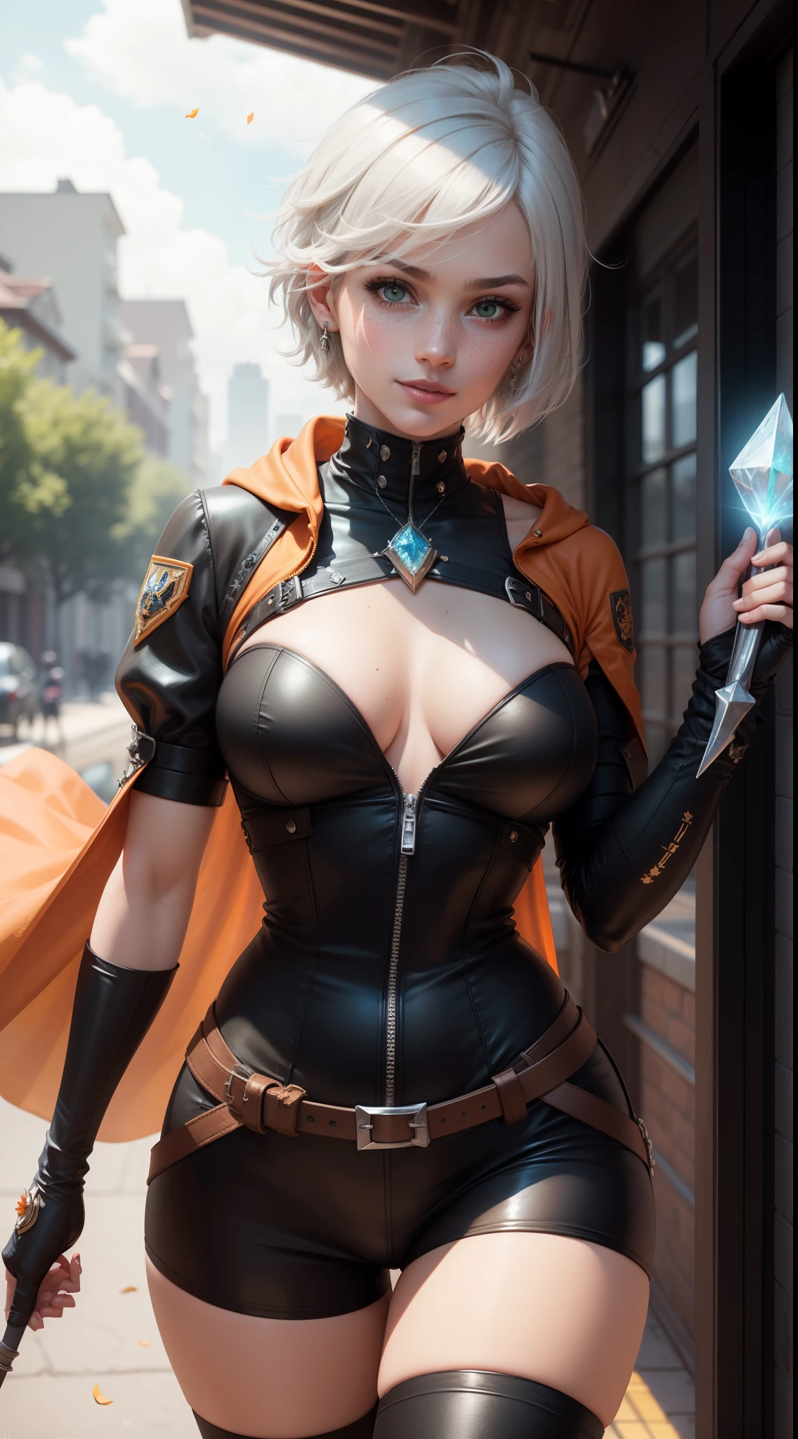 gwen tennyson,1girl,tracer,rebecca chambers, yorha 2b,overwatch,nier automata,close up,meadow valley,tattoos,orange and black plugsuit,white short sleeve knight leotard,steel embroidery knight jacket,tight lycra micro shorts,harness corset,short hair,punk makeup,green eyes,multicolored silver hair,long dress train,sexy smile,freckles,beautiful girl, thigh high pilot boots,large breasts,8k,ultra detailed,realistic,fantasy art,pilot uniform,crystal pin,ear piercings,crystal hand and neck jewelry,(weather:windy),long orange knight cloak,holding a crystal spear,flower petals flying,