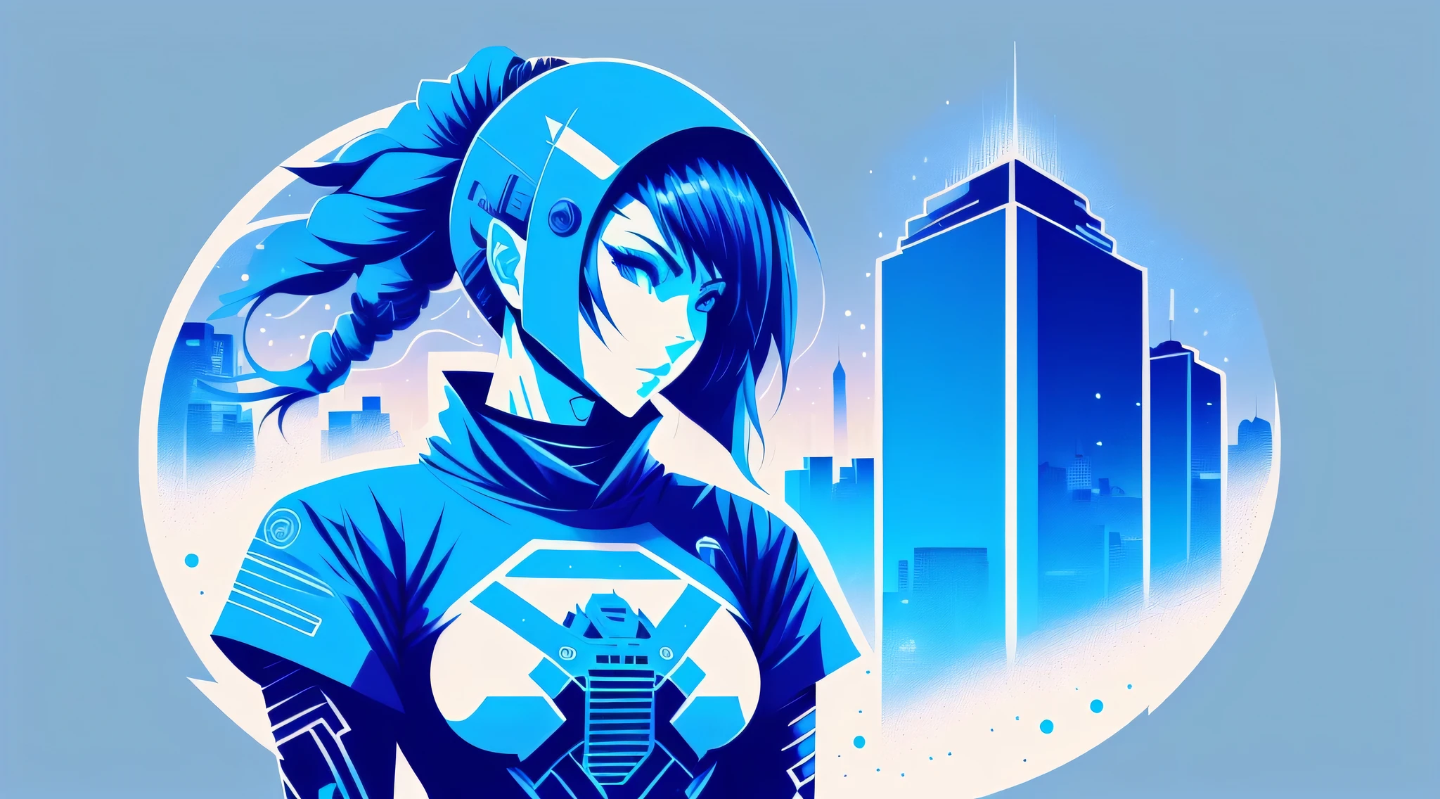 winter blue, December morning, Depression, Alone, Robot Cyberpunk Ninja Women T-Shirt Art Vector Colorful Doodle Illustration Ready to Print, futuristic cyberpunk city background, Realistic image styles, Image isolated on white background, Centered