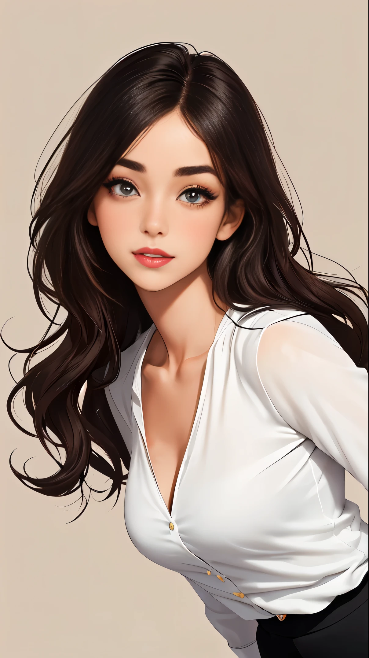 This beautiful teacher wore a simple and elegant white shirt with a pair of black slim trousers, showing her tall figure and graceful curves. Her long hair was shawl, slightly curly, and gave off a faint fragrance. Her facial features are delicate, her eyes are bright and spirited, her eyebrows are slender and natural, her lips are rosy and sexy, and her face is round and smooth.