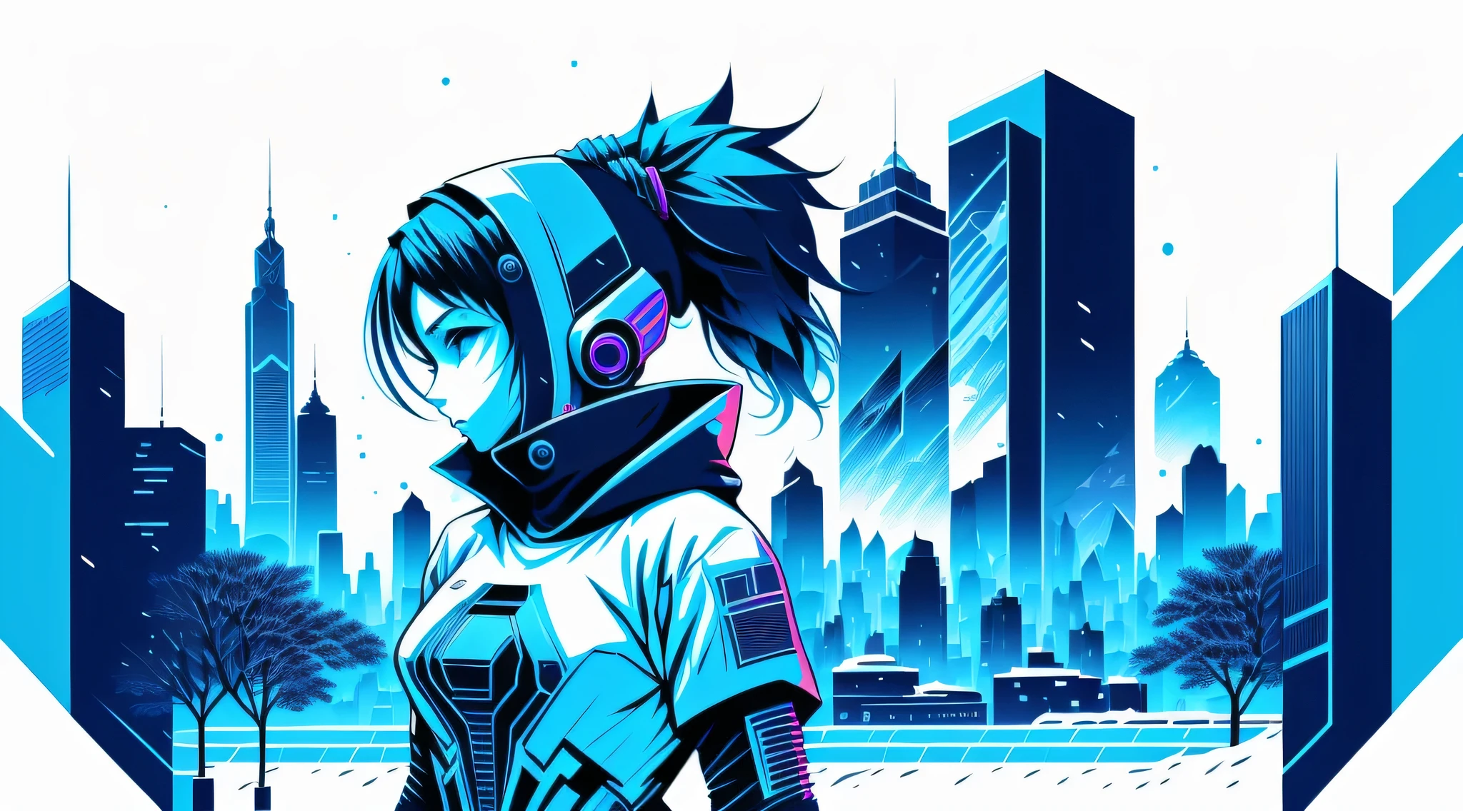 winter blue, December morning, Depression, Alone, Robot Cyberpunk Ninja Women T-Shirt Art Vector Colorful Doodle Illustration Ready to Print, futuristic cyberpunk city background, Realistic image styles, Image isolated on white background, Centered