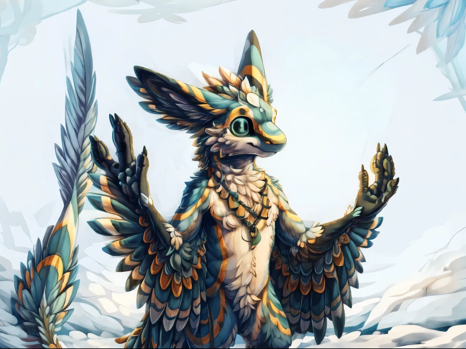 (highly detailed illustration:1.2), best quality, masterpiece, solo, upper body, avali, avian, feathers, detailed feathers, detailed face, detailed eyes, four ears, green feathers, arm wings, fluffy chest, feathery chest, furry, anthro, furry art, standing, white background