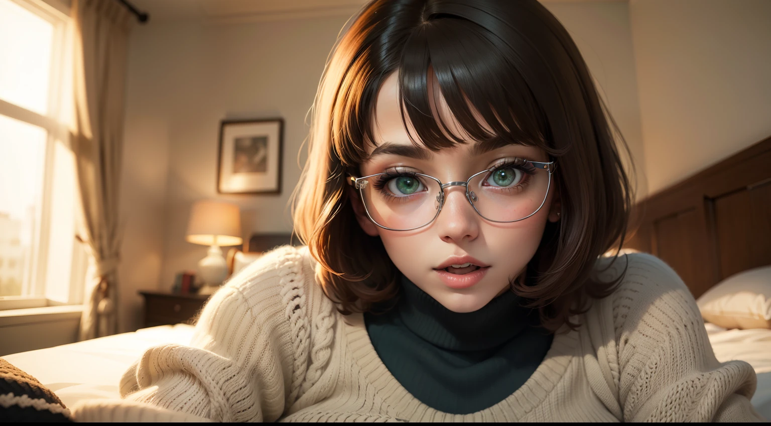 HD, 8k quality, masterpiece, Velma, dream girl huge breasts, beautiful face, kissing lips, short bob hairstyle, long bangs, perfect makeup, realistic face, detailed eyes, jade green eyes, brunette hair, eyelashes, slightly open mouth, bedroom, laying on bed, eyes at viewer, orange knitted turtle neck sweater, clear lens glasses, red school girl skirt,