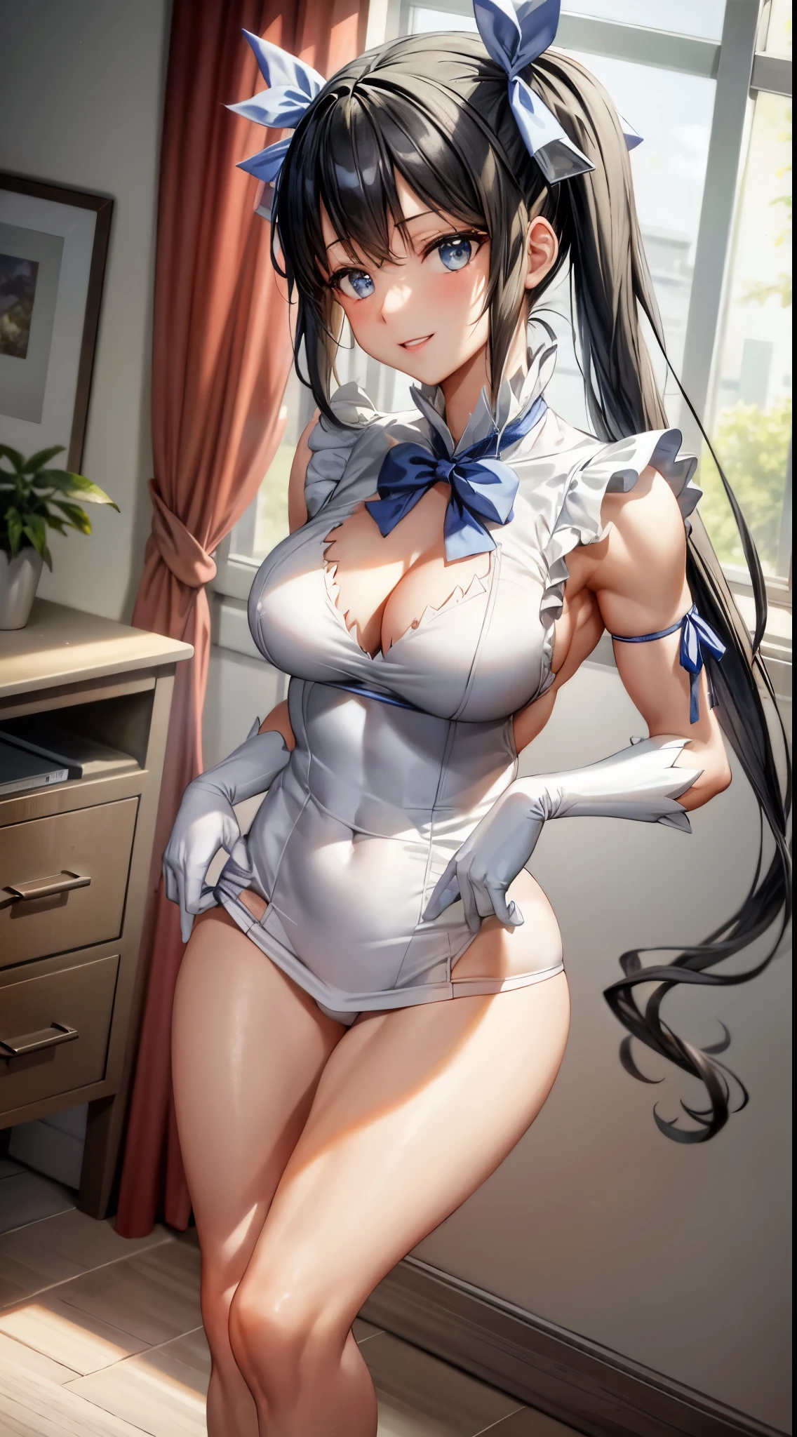 (masterpiece, best quality, extremely detailed CG, beautiful detailed eyes, ultra-detailed, {{{in the motel room}}}, intricate details: 1,2), 8K Wallpaper, elaborate assets, (1girl, alone : 1.4), standing, (anime style textures), very high resolution, (vibrant colors, dynamic lighting: 1.0), (high contrast: 0.8), cookie (Danmachi), breasts, long hair, blue ribbon, (twintails) , gloves, ribbon, dress, king no, himo, big breasts, blue eyes, black hair, (slim), white Gloves, cleavage, white dress, hair ribbon, bow, sleeves, sleeves dress, fringe, cropped neckline, ornament hair, bow tie, cutout clothes, very long hair, level dress, arm ribbon, (full body: 1.1), smile, cute, muscular legs, muscular belly, pants, stand, barefoot