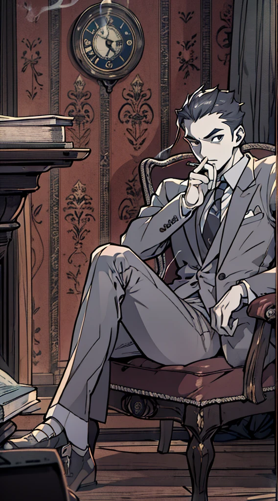 (best quality,4k,8k,highres,masterpiece:1.2),ultra-detailed,(anime:1.37),private investigator,male,legs on desk,smoking a cigarette,leaning back in chair,beautiful detailed eyes,beautiful detailed lips,extremely detailed eyes and face,longeyelashes,monochrome,Art Deco,Gothic art,anime style,dark color palette,shadowed lighting