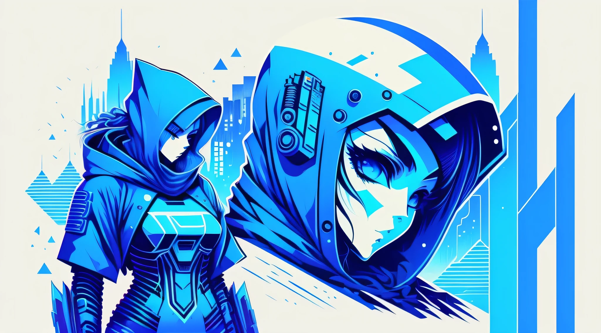 winter blue, December morning, Depression, Alone, Robot Cyberpunk Ninja Women T-Shirt Art Vector Colorful Doodle Illustration Ready to Print, futuristic cyberpunk city background, Realistic image styles, Image isolated on white background, Centered