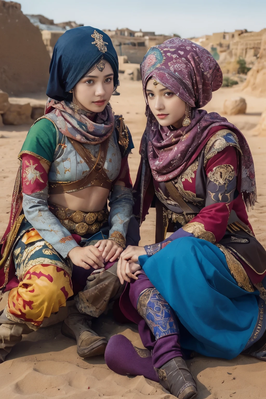 All faces and pictures must be different, two female oen soldiers with colorful robes, sitting,dynamic pose,big eyes,magical world,fantastic world