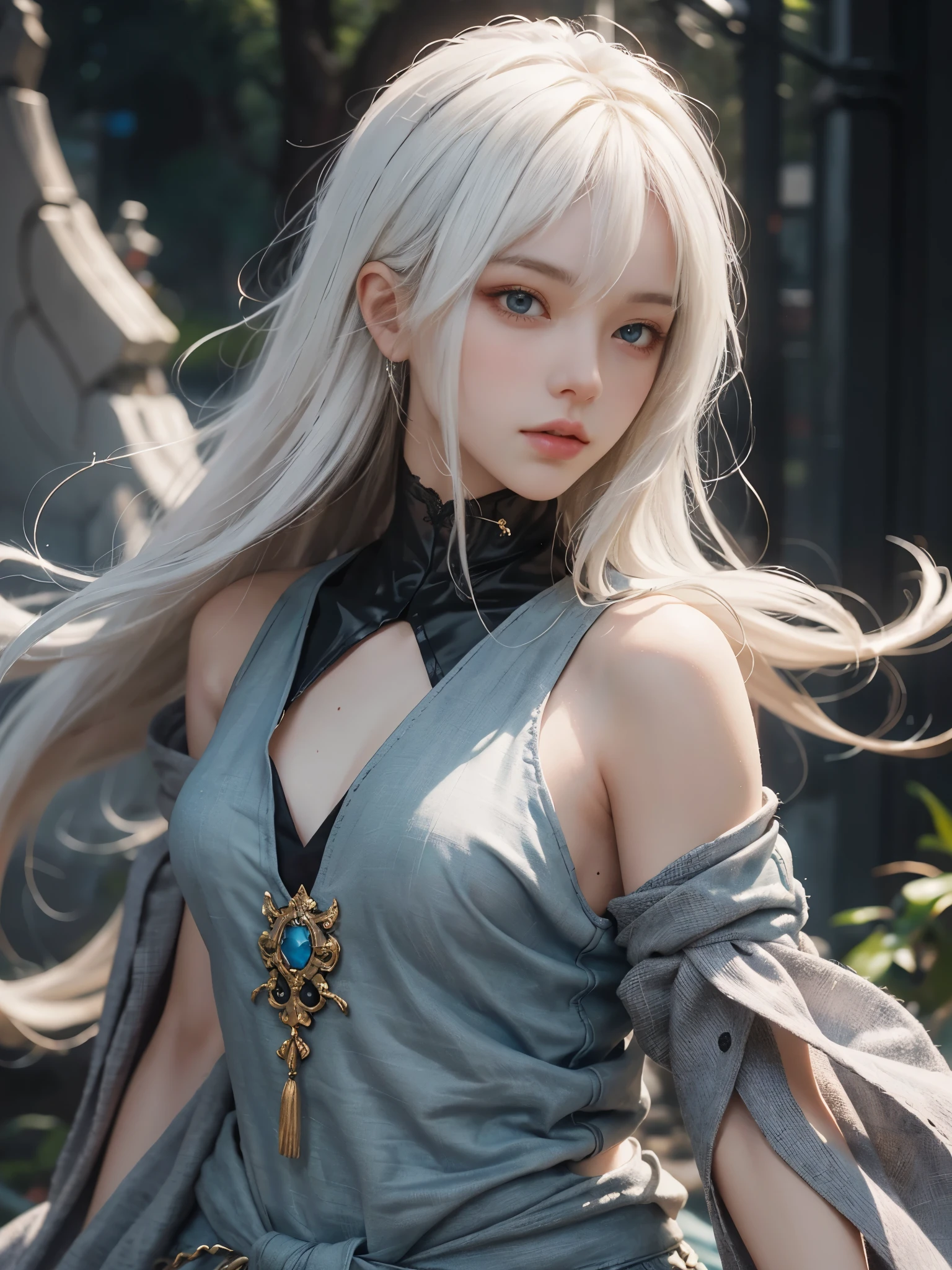 Close-up of woman with white hair and white mask、beautiful character painting、guweiz、Artwork in the style of Gwise、white haired god、Jan J、epic exquisite character art、Stunning character art、Fanchy、Uzunsifan、Guweiz on the Pixiv art station,Faces of reality,Real people,Photo quality,Real person footage captured on camera,Shooting from the waist up,Live-action feeling,Quite light clothing,see-through underware,Beautiful clear eyes,Beautiful sparkling eyes,being thin,strong-willed gaze,A living angel who descends to earth and blends into ordinary life while hiding his true identity in the human world.,
