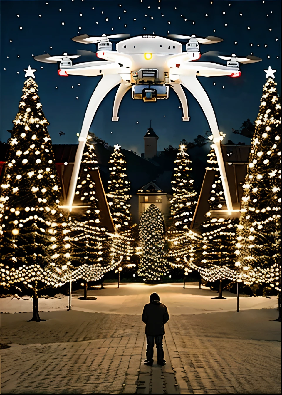 Drone. Papai Noel pilotando um drone. Christmas decoration with drones. Christmas Decoration