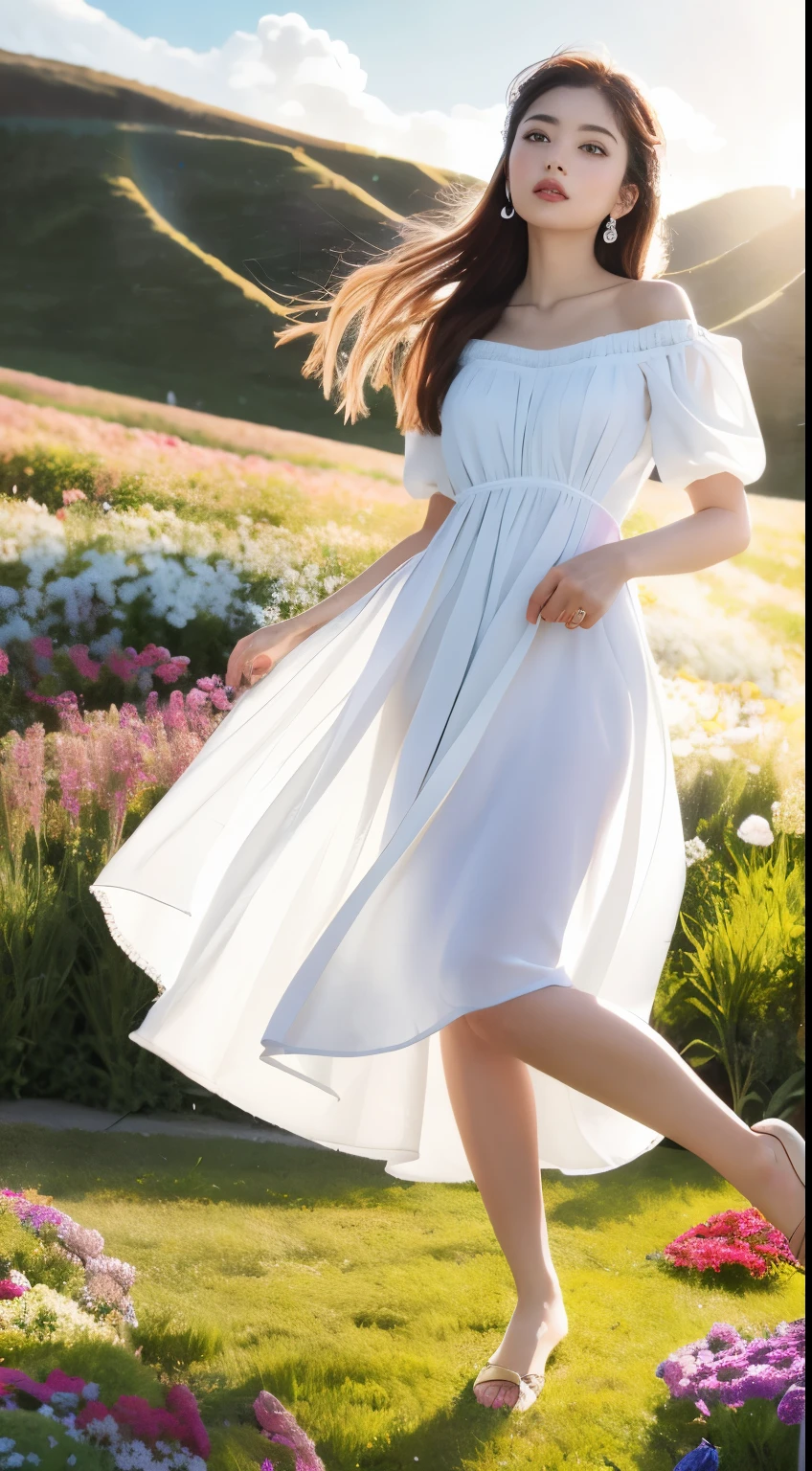 Photorealistic, High resolution, Soft light,1womanl, Solo, hips up high, glistning skin, (Detailed face),Jewelry, rainbow color Hair, white_Dress Flower Field,(Dynamic Angle:1.1),Vivid,Soft and warm color palette, Delicate brushwork, Targeted use of light and shadow, Wide Shot,The subtlety of wilted flowers,High contrast,Color contrast,masuter piece:1.3、
