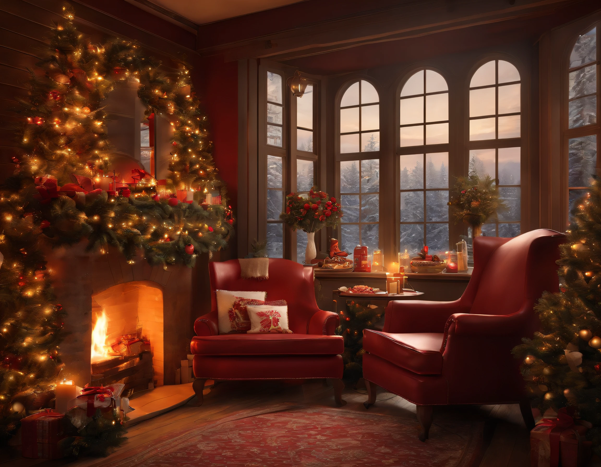 ((a grocery store))，1 Christmas tree, a red chair, a fireplace and a window, charming scene of a, cozy environment, 舒适atmosphere, santa&#39;taller, cozy environment, cozy place, pleasant 舒适atmosphere, comfortable atmosphere, Comfortable wallpaper, Home page background, 舒适的atmosphere, 舒适宁静atmosphere, tomas kinkade. Lovely comfortable room, atmosphere