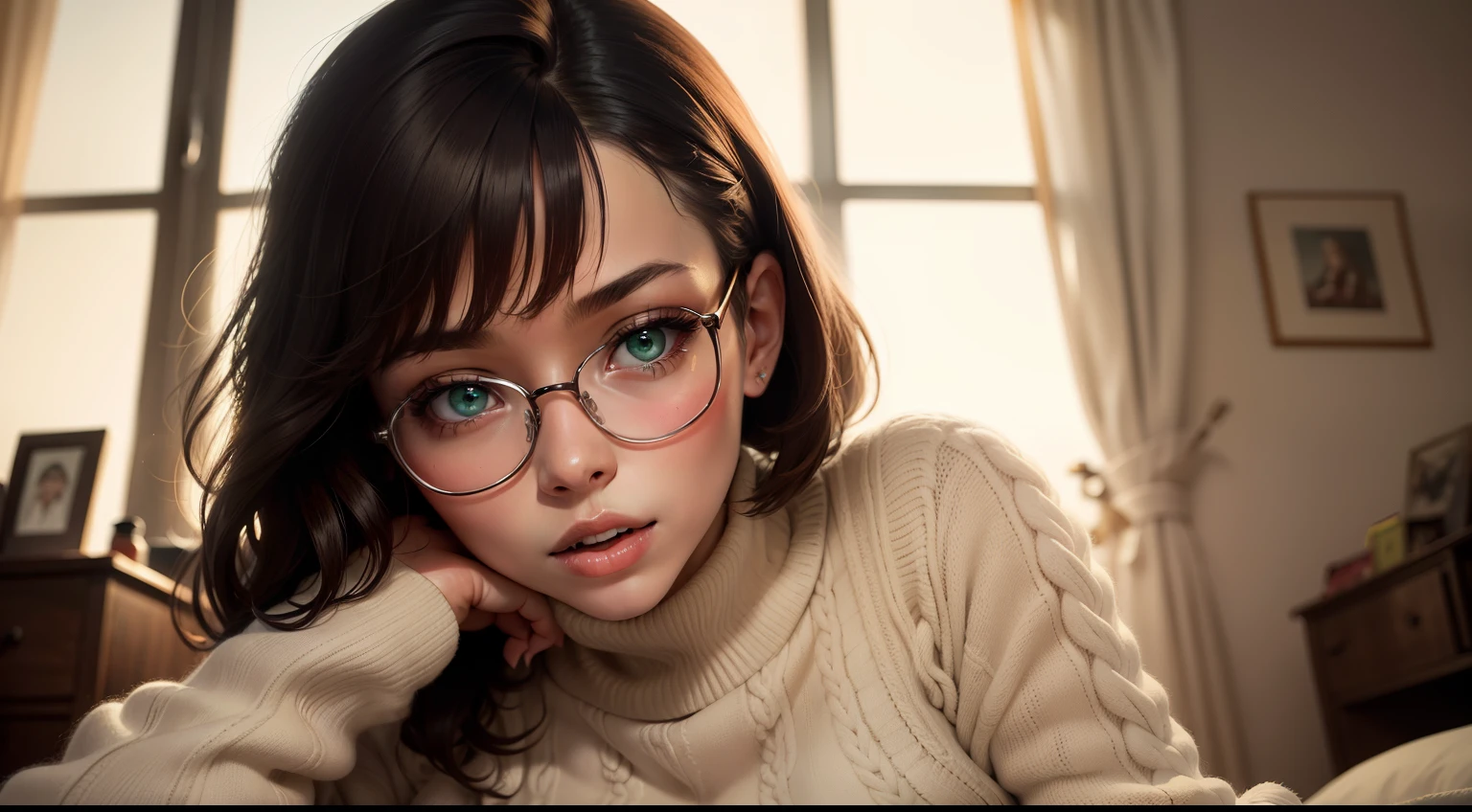 HD, 8k quality, masterpiece, Velma, dream girl huge breasts, beautiful face, kissing lips, short bob hairstyle, long bangs, perfect makeup, realistic face, detailed eyes, jade green eyes, brunette hair, eyelashes, slightly open mouth, bedroom, laying on bed, eyes at viewer, orange knitted turtle neck sweater, clear lens glasses, red school girl skirt,