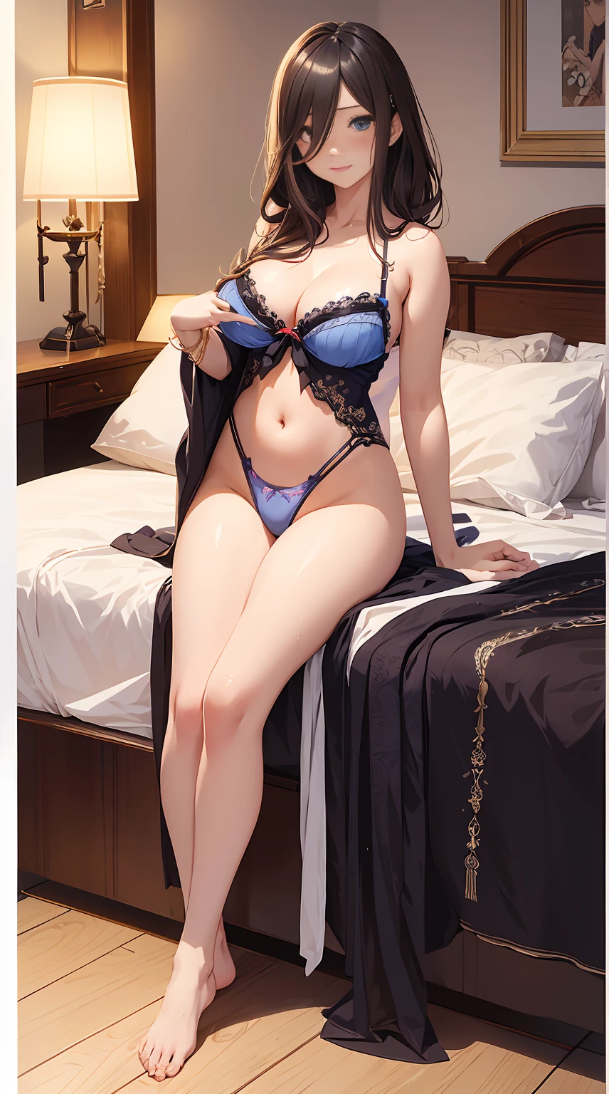 tmasterpiece、full-body view,RAW photogr,Background with((Bedrooms, Lie down in bed))、(pillowslip), (dakimakura), 、A beautyful girl、ssmile,Colossal titikini with detailed embroidery,sexyposture、perspired、Wet hair,Barefoot