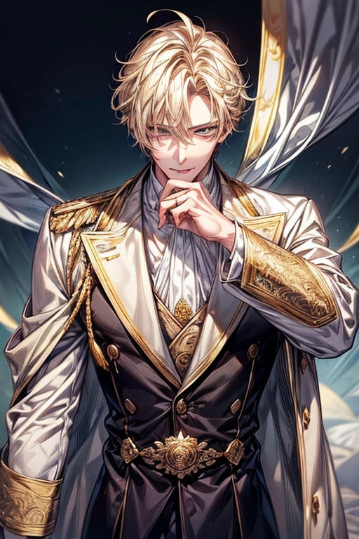 ((masterpiece:1.2、top-quality))、1male people、Short straight hair、((dark yellow hair))、Yellow eyes(a handsome:1.4)、long eyelashes、white suit、Fantasia、校服、royalty、flower garden、blooming flowers、sunlights、Fantastic Light and Shadow、Scenery of the Royal Palace、extra detailed face、Invincible smile、Depiction in motion、Tホテルのmasterpiece,best qualtiy,1 male,As-、Dark yellow hair straight and short,The shirt, seminude、アニメa handsomeな男,Wearing strict royal attire, white and gold royal costume, a handsomeなアニメのポーズ, a handsomeな見事なリアルな,Eyes are yellow、Center division、Forehead、A sexy、Tall、190cm、manly、handsome man、Beautiful shape、Best style、cool expression、Model Pose、Sharp eyes