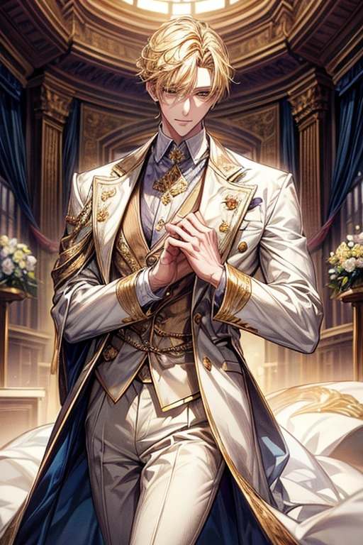 ((masterpiece:1.2、top-quality))、1male people、Short straight hair、((dark yellow hair))、Yellow eyes(a handsome:1.4)、long eyelashes、white suit、Fantasia、校服、royalty、flower garden、blooming flowers、sunlights、Fantastic Light and Shadow、Scenery of the Royal Palace、extra detailed face、Invincible smile、Depiction in motion、Tホテルのmasterpiece,best qualtiy,1 male,As-、Dark yellow hair straight and short,The shirt, seminude、アニメa handsomeな男,Wearing strict royal attire, white and gold royal costume, a handsomeなアニメのポーズ, a handsomeな見事なリアルな,Eyes are yellow、Center division、Forehead、A sexy、Tall、190cm、manly、handsome man、Beautiful shape、Best style、cool expression、Model Pose、Sharp eyes