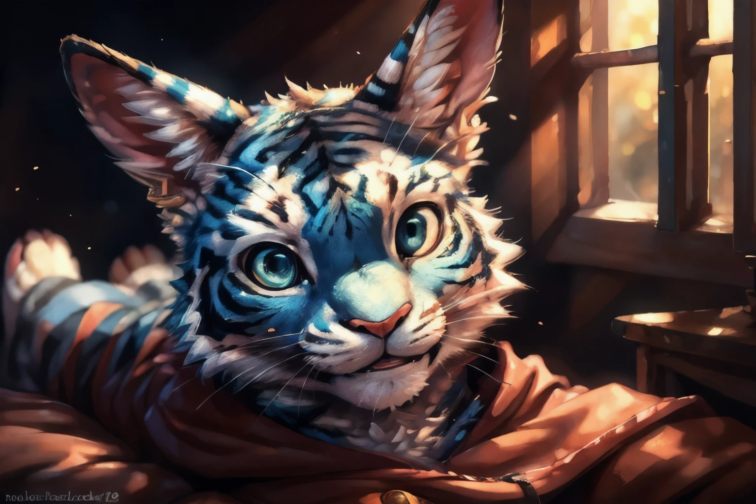 by kenket, by totesfleisch8, (by thebigslick, by silverfox5213:0.8), (by syuro:0.2), beautiful, masterpiece, 4k, 8k, high-res, sharp lighting, kenket, Ross Tran, ruan jia, detailed eyes, detailed face, ((1boy)), (((very handsome, feminine, bunny))), white fur colors, soft blue tiger strip ears, soft blue tiger stripes paws, ((street-wear clothing)), sitting down on bed , cozy room background, ((one ear flopped down)), looking at viewer, smiling, (gentle, blue eyes), hands next to body, portrait, bunny solo, solo