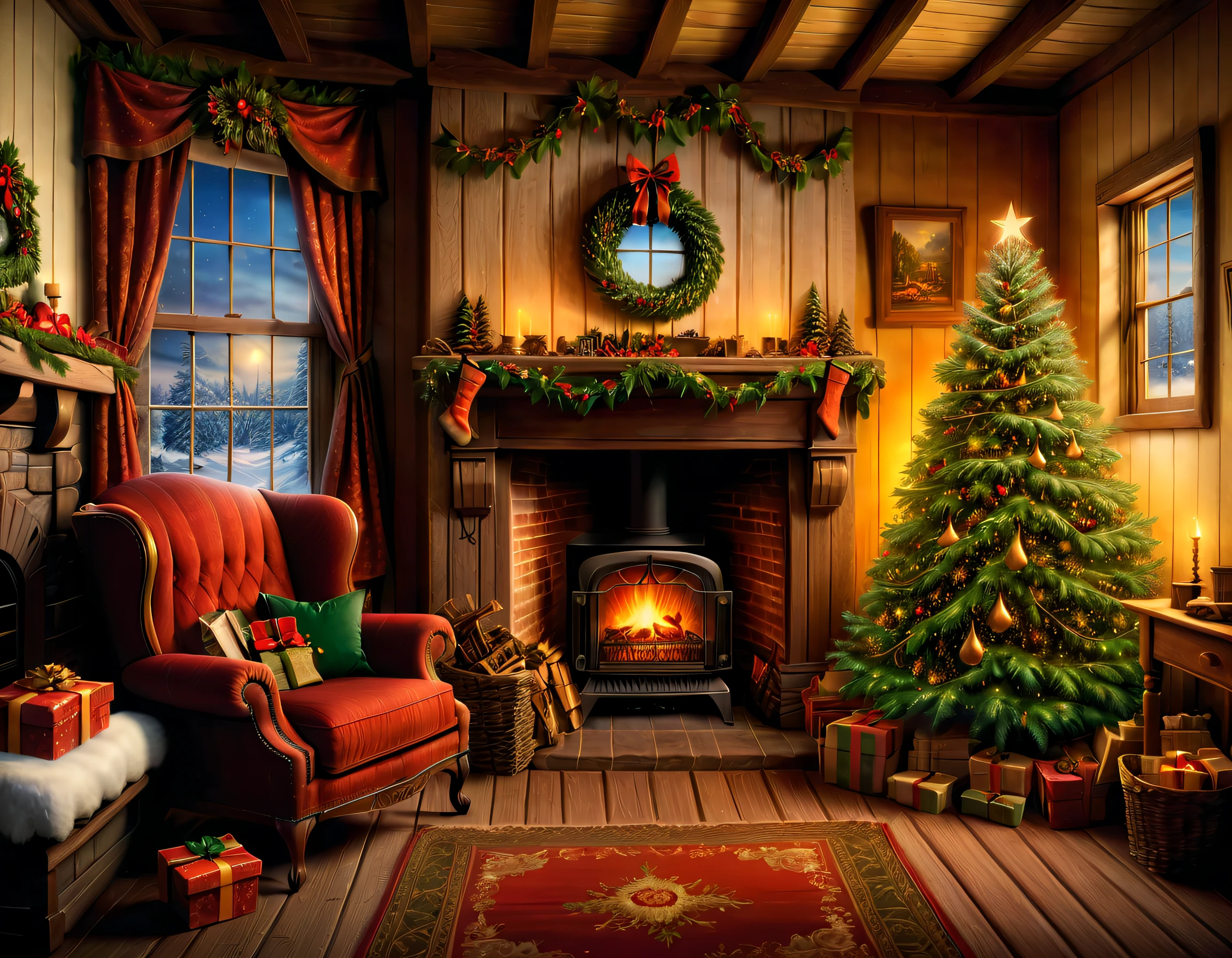 Fader room with Christmas tree, a chair, a fireplace and a window, Image inspired by Terry Redling, Multiple count contest winner, extremly intricate, charming scene of a, cozy environment, comfortable atmosphere, santa&#39;taller, cozy environment, cozy place, pleasant comfortable atmosphere, comfortable atmosphere, Comfortable wallpaper, Home page background, Cozy atmosphere