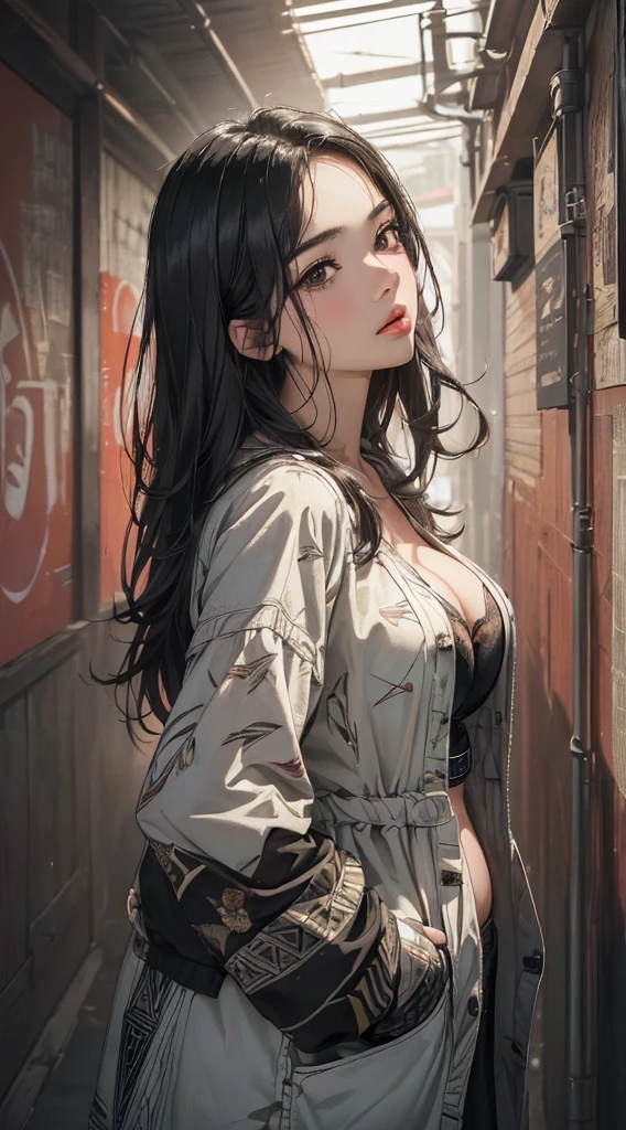 ((8k wallpaper of extremely detailed CG unit, masterpiece, hight resolution, top-quality)), ((a very beautiful woman, Plump lips, The upper part of the body, Hands in pockets:1.5, Grunge Fashion, wear a blouson:1.2)), ((extra detailed face, Highly detailed black eyes, extra detailed body, top-qualityのリアルテクスチャスキン)), (A dark-haired, hair messy, de pele branca, Small, Exposed cleavage, Exposed belly), ((colorful wall with geometric pattern)), hyper realisitic, digitial painting,