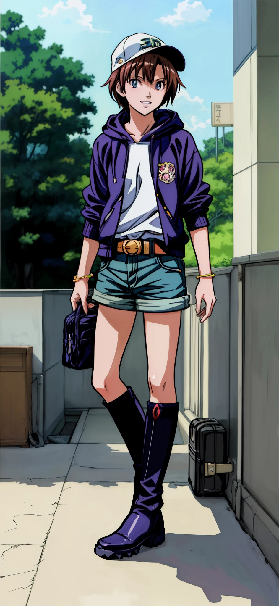 (Best Quality,4K,8K,hight resolution,masutepiece:1.2), Ultra-detailed, (Realistic,photoRealistic,photo-Realistic:1.37), meadow girl, grin,Baseball Cap,I'm wearing a hoodie and denim shorts, wristbands,boots,Beautiful detailed eyes, Beautiful detailed lips, extremely detailed eye and face, long eyelashes, Realistic anime 3D style, Smooth Anime CG Art, Digital rendering by Makoto Shinkai, Moe Anime Art Style, photoRealistic rendering of an anime girl, Shinkai Makoto style, Cute anime girl visuals, Realistic young anime girl, girl fan art, Created by Anime Artist'studio of.