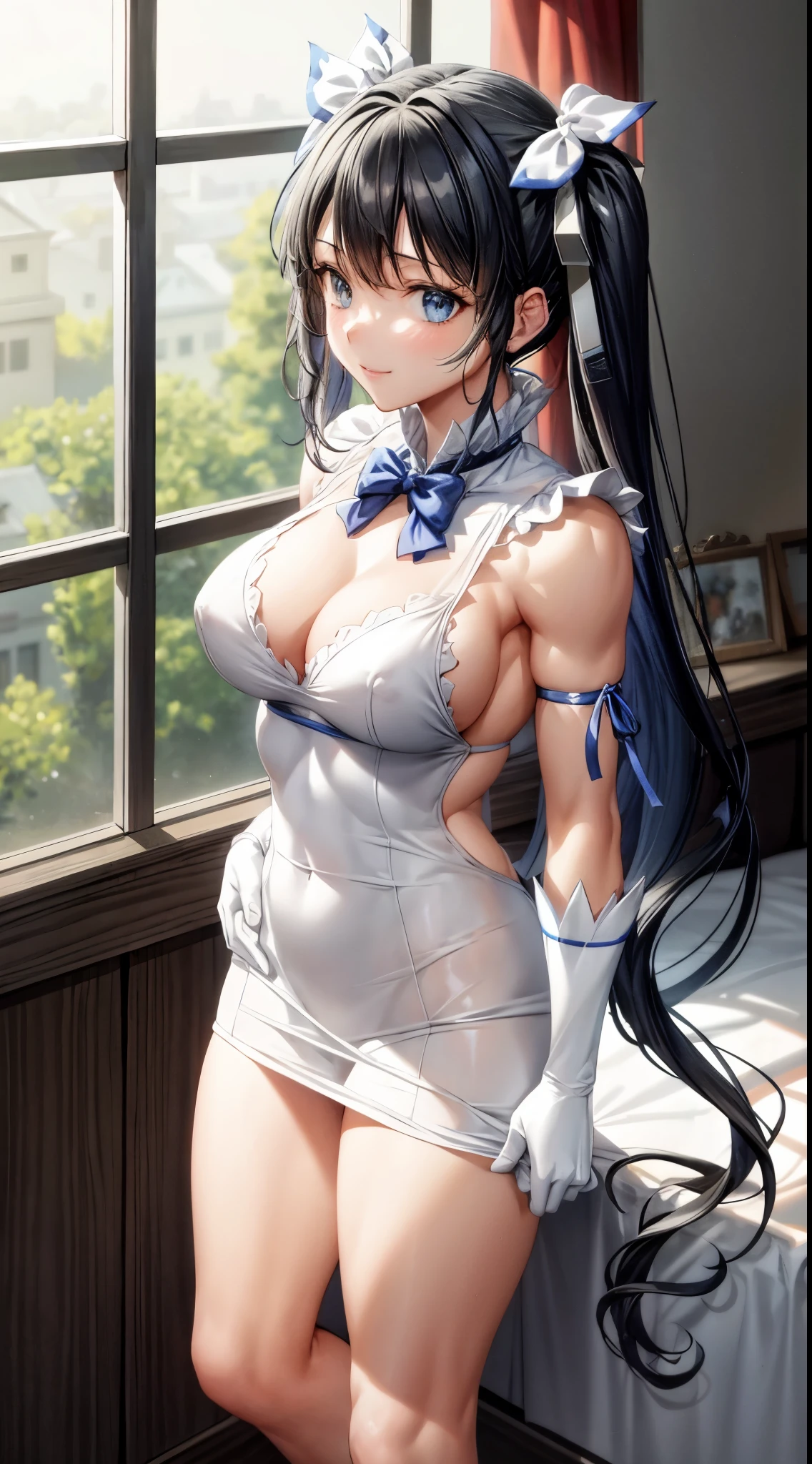(masterpiece, best quality, extremely detailed CG, beautiful detailed eyes, ultra-detailed, {{{in the motel room}}}, intricate details: 1,2), 8K Wallpaper, elaborate assets, (1girl, alone : 1.4), standing, (anime style textures), very high resolution, (vibrant colors, dynamic lighting: 1.0), (high contrast: 0.8), cookie (Danmachi), breasts, long hair, blue ribbon, (twintails) , gloves, ribbon, dress, king no, himo, big breasts, blue eyes, black hair, (slim), white Gloves, cleavage, white dress, hair ribbon, bow, sleeves, sleeves dress, fringe, cropped neckline, ornament hair, bow tie, cutout clothes, very long hair, level dress, arm ribbon, (full body: 1.1), smile, cute, muscular legs, muscular belly, pants, stand, barefoot