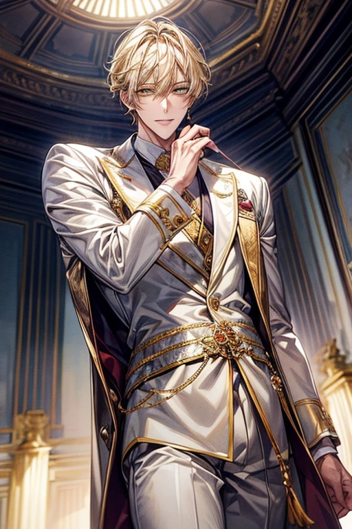 ((​masterpiece:1.2、top-quality))、1male people、Short straight hair、((dark yellow hair))、Yellow eyes(a handsome:1.4)、long eyelashes、white suit、Fantasia、校服、royalty、flower garden、blooming flowers、sunlights、Fantastic Light and Shadow、Scenery of the Royal Palace、extra detailed face、Invincible smile、Depiction in motion、Tホテルの​masterpiece，best qualtiy，1 male，As-、Dark yellow hair straight and short，The shirt, seminude、アニメa handsomeな男,Wearing strict royal attire, white and gold royal costume, a handsomeなアニメのポーズ, a handsomeな見事なリアルな,Eyes are yellow、Center division、Forehead、A sexy、Tall、190cm、manly、handsome man、Beautiful shape、Best style、cool expression、Model Pose、Angle from below