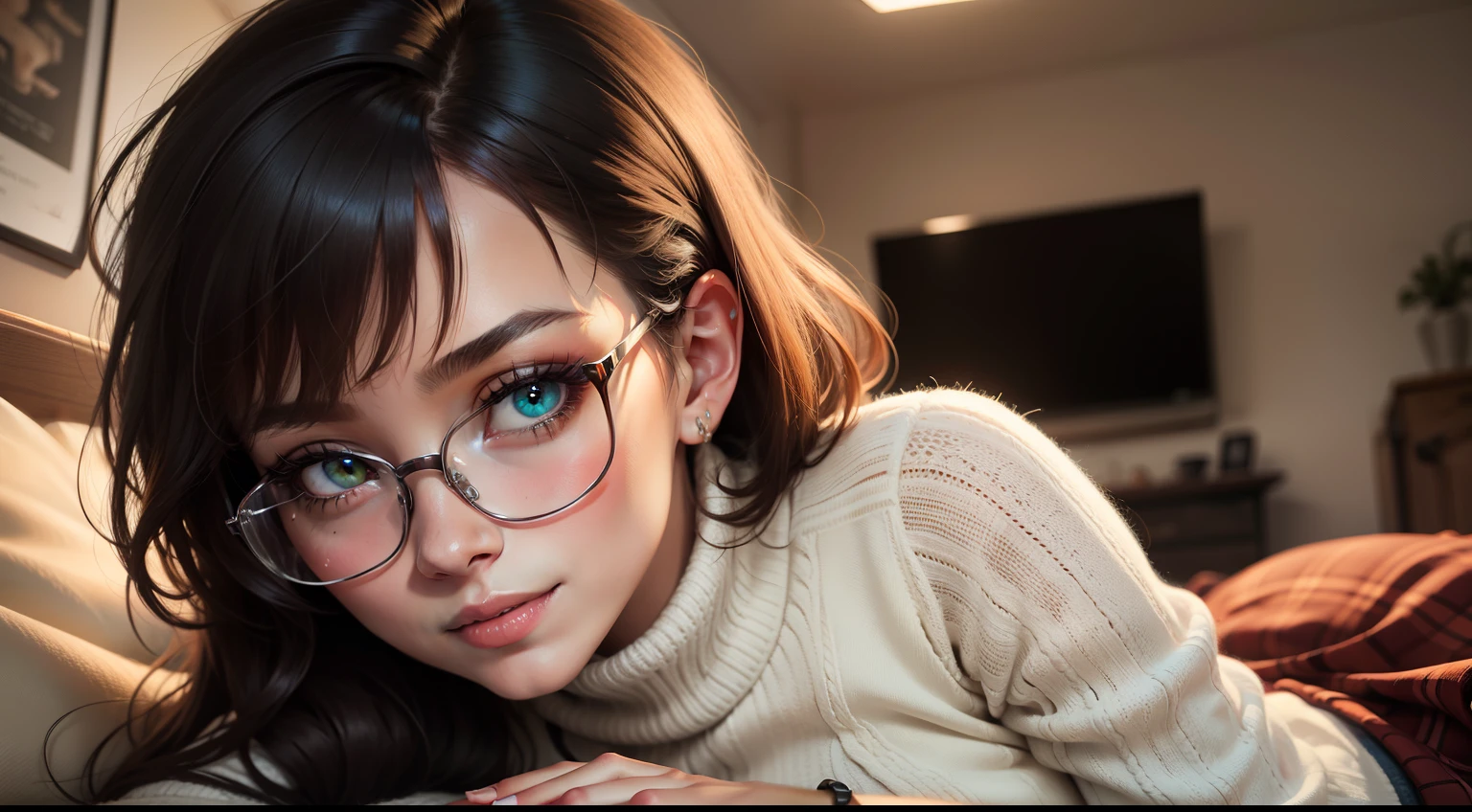 HD, 8k quality, masterpiece, Velma, dream girl huge breasts, beautiful face, kissing lips, short bob hairstyle, long bangs, perfect makeup, realistic face, detailed eyes, jade green eyes, brunette hair, eyelashes, bedroom, laying on bed, eyes at viewer, orange knitted turtle neck sweater, clear lens glasses, red school girl skirt, smiling, happy to see you,