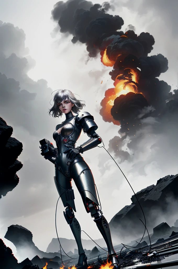 (three-quarter dutch angle camera angle shot:1.37), krenz cushart and Hajime Sorayama style, somber screen overlay, contrasting shadows, enhance and contrast where the colors meet, epic realism, ultra detailed, dark gradients, metallic gradients, visually rich digital illustration of a young woman (1.45m height), she is a bio-engineered hybrid cyborg, wielding an oversized mechanical chainsaw like Warhammer over her shoulder, long dark gray hair with white shimmering highlights, heterochromia, red and white metal eyes, otherworldly, dystopian, small bundles of wires jaggedly ripped from mechanical knees and elbows, debris, charcoal stained metals, soot stained skin, flames, let the viewer know that this is war, (((warrior))), dark and eerie, sci-fi, oppressive environment and mass destruction, mechanical high rise metallic buildings, (subject within the rule of thirds:1.56), intricate details, subtle colors, fantastical realm, extremely detailed, ultra sharp focus, scattered light particles, impressive attention to detail, vast open world, grandeur and awe, cinematic, foreign planet, stunning visual masterpiece, bright exposure, photorealistic, cinematographic scene, highest quality, 32k, octane render, (dynamic motion), dynamic pose, somber feeling, ww1 vibe, boundless details, full body, high refraction, high reflection, melted skin where the charcoal stains meet, whole body, (white reflections), samyang 35mm (FX Full-Frame) 100mm f/32.0 3.00m