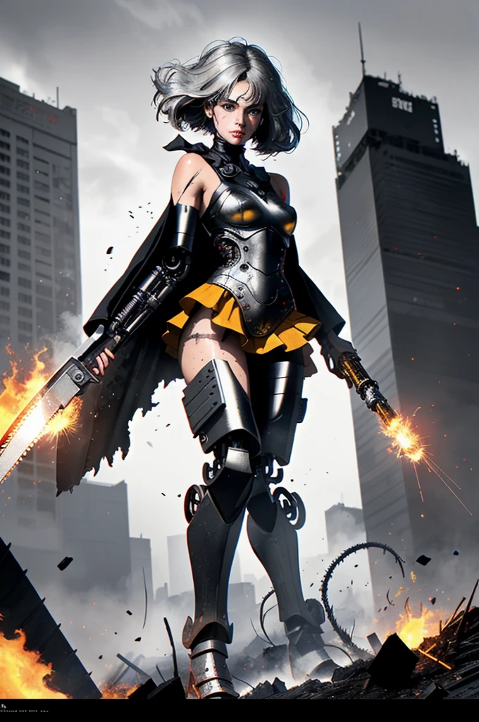 (three-quarter dutch angle camera angle shot:1.37), krenz cushart and Hajime Sorayama style, somber screen overlay, contrasting shadows, enhance and contrast where the colors meet, epic realism, ultra detailed, dark gradients, metallic gradients, visually rich digital illustration of a young woman (1.45m height), she is a bio-engineered hybrid cyborg, wielding an oversized mechanical chainsaw like Warhammer over her shoulder, long dark gray hair with white shimmering highlights, heterochromia, red and white metal eyes, otherworldly, dystopian, small bundles of wires jaggedly ripped from mechanical knees and elbows, debris, charcoal stained metals, soot stained skin, flames, let the viewer know that this is war, (((warrior))), dark and eerie, sci-fi, oppressive environment and mass destruction, mechanical high rise metallic buildings, (subject within the rule of thirds:1.56), intricate details, subtle colors, fantastical realm, extremely detailed, ultra sharp focus, scattered light particles, impressive attention to detail, vast open world, grandeur and awe, cinematic, foreign planet, stunning visual masterpiece, bright exposure, photorealistic, cinematographic scene, highest quality, 32k, octane render, (dynamic motion), dynamic pose, somber feeling, ww1 vibe, boundless details, full body, high refraction, high reflection, melted skin where the charcoal stains meet, whole body, (white reflections), samyang 35mm (FX Full-Frame) 100mm f/32.0 3.00m