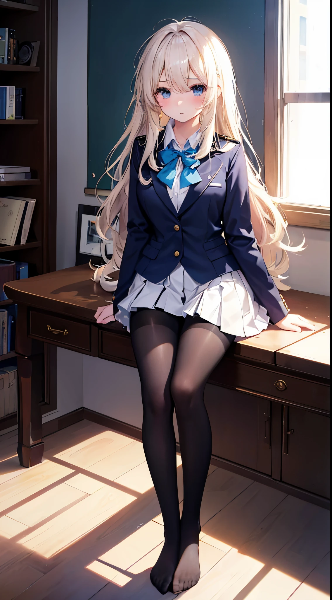 Finest, masterpiece, high definition, (full body), frontal, symmetrical, mature high school girl, solo, (full body from head to toe), small breasts, long hair, slightly messy hair, (black tights), ( (black pantyhose), black pantyhose, (composition showing her legs spread), composition showing white panties, slender beautiful legs, a very beautiful 17-year-old girl (not wearing shoes) legs), blushing, shy big eyes, messy hair, looking at camera, showing white panties, white frilly lingerie, high school uniform blazer, high school uniform White blouse, high school uniform with blue ribbon, high school uniform with short plaid pattern and navy pleated skirt