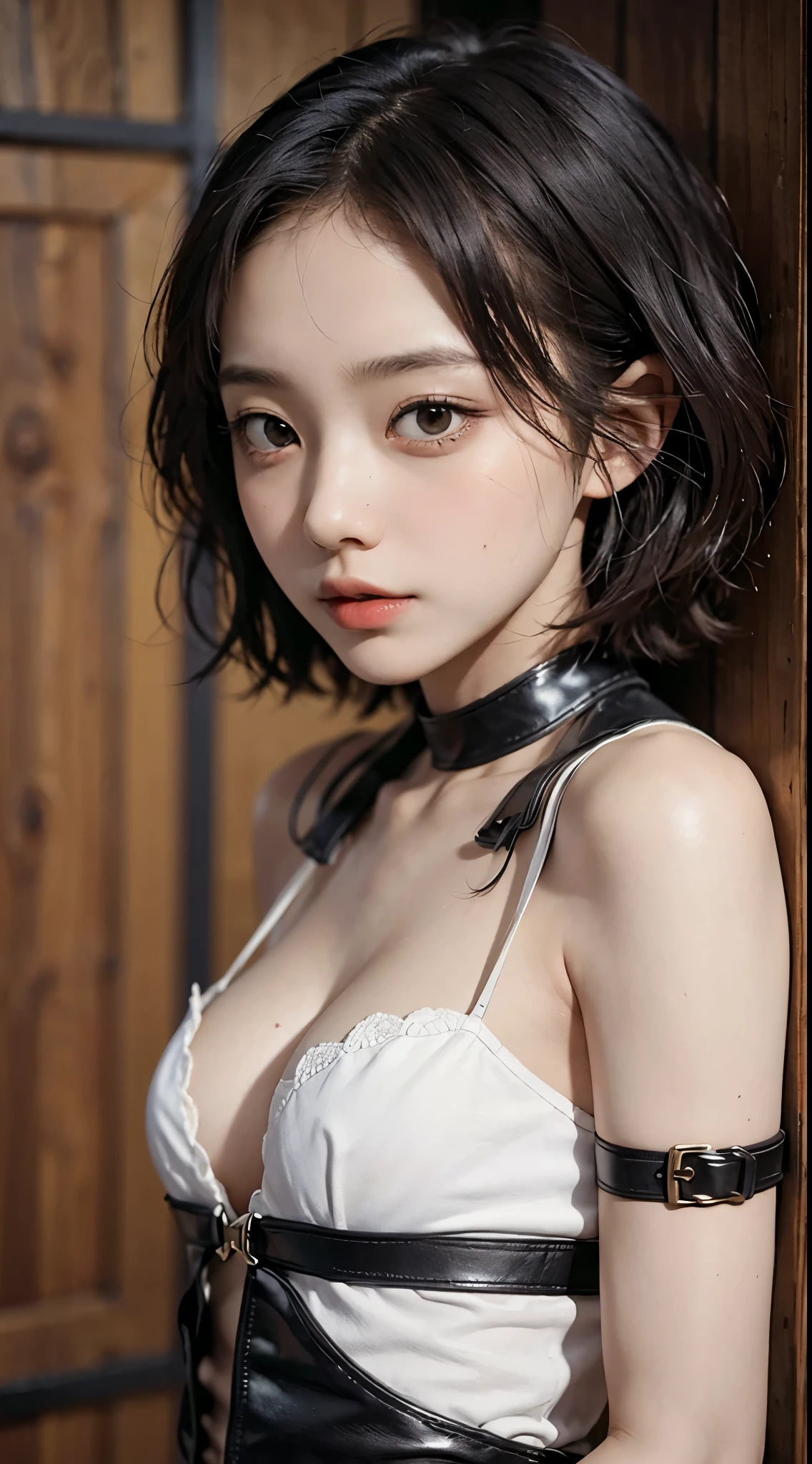 (top-quality, masterpiece: 1.1), (fidelity: 1.4), 1girl in, The upper part of the body, Bery short hair, studio,BDSM,Slave,Black corset,束缚,slavery,Slaves首輪,Slaves,pantiy,bound woman,両手をbound woman, silber hair