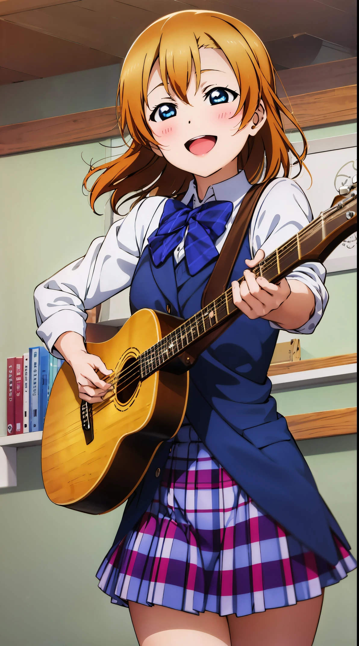 kousaka_honoka_lovelive, blue_eyes, orange_hair, one_side_up, smile, blush, short_hair, open_mouth, bow, hair_bow, hair_ornament, school, use Guitar, sing,