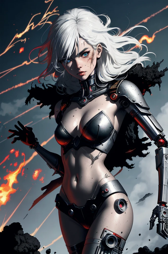 (three-quarter dutch angle camera angle shot:1.37), krenz cushart and Hajime Sorayama style, somber screen overlay, contrasting shadows, enhance and contrast where the colors meet, epic realism, ultra detailed, dark gradients, metallic gradients, visually rich digital illustration of a young woman (1.45m height), she is a bio-engineered hybrid cyborg, wielding an oversized mechanical chainsaw like Warhammer over her shoulder, long dark gray hair with white shimmering highlights, heterochromia, red and white metal eyes, otherworldly, dystopian, small bundles of wires jaggedly ripped from mechanical knees and elbows, debris, charcoal stained metals, soot stained skin, flames, let the viewer know that this is war, (((warrior))), dark and eerie, sci-fi, oppressive environment and mass destruction, mechanical high rise metallic buildings, (subject within the rule of thirds:1.56), intricate details, subtle colors, fantastical realm, extremely detailed, ultra sharp focus, scattered light particles, impressive attention to detail, vast open world, grandeur and awe, cinematic, foreign planet, stunning visual masterpiece, bright exposure, photorealistic, cinematographic scene, highest quality, 32k, octane render, (dynamic motion), dynamic pose, somber feeling, ww1 vibe, boundless details, full body, high refraction, high reflection, melted skin where the charcoal stains meet, whole body, (white reflections), samyang 35mm (FX Full-Frame) 100mm f/32.0 3.00m