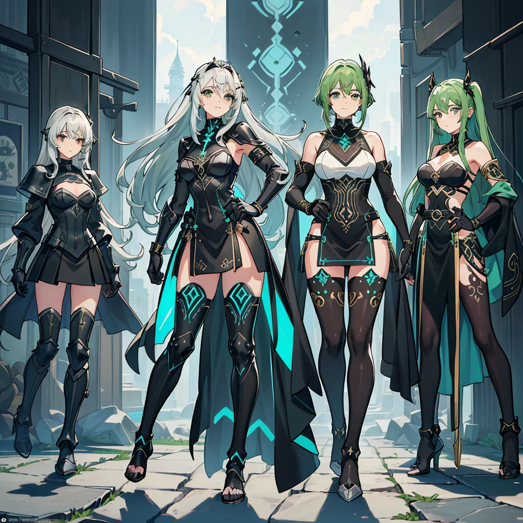 3 girls, (((Corpo Inteiro))), from head to toe, thigh-high gladiator sandals, muita roupa, (((One character))), Feminino, (((Pele Escura))), Cabelo preto com Rabo de cavalo, Olhos Azuis-Claros, Round Glasses with a Lightly Dark Lens with this Lens being green, and the Light Blue frame, ((Black Metallic Gauntlets and Greaves with Green and Silver Highlights)), (((As Roupas tem uma Mistura de Moderno e Tribal))), tendo em sua Maioria a Cor Preta, mas tendo Partes em verde, Shoulders on Display, On the Hip, a Short that extends to Half the Thigh in black.