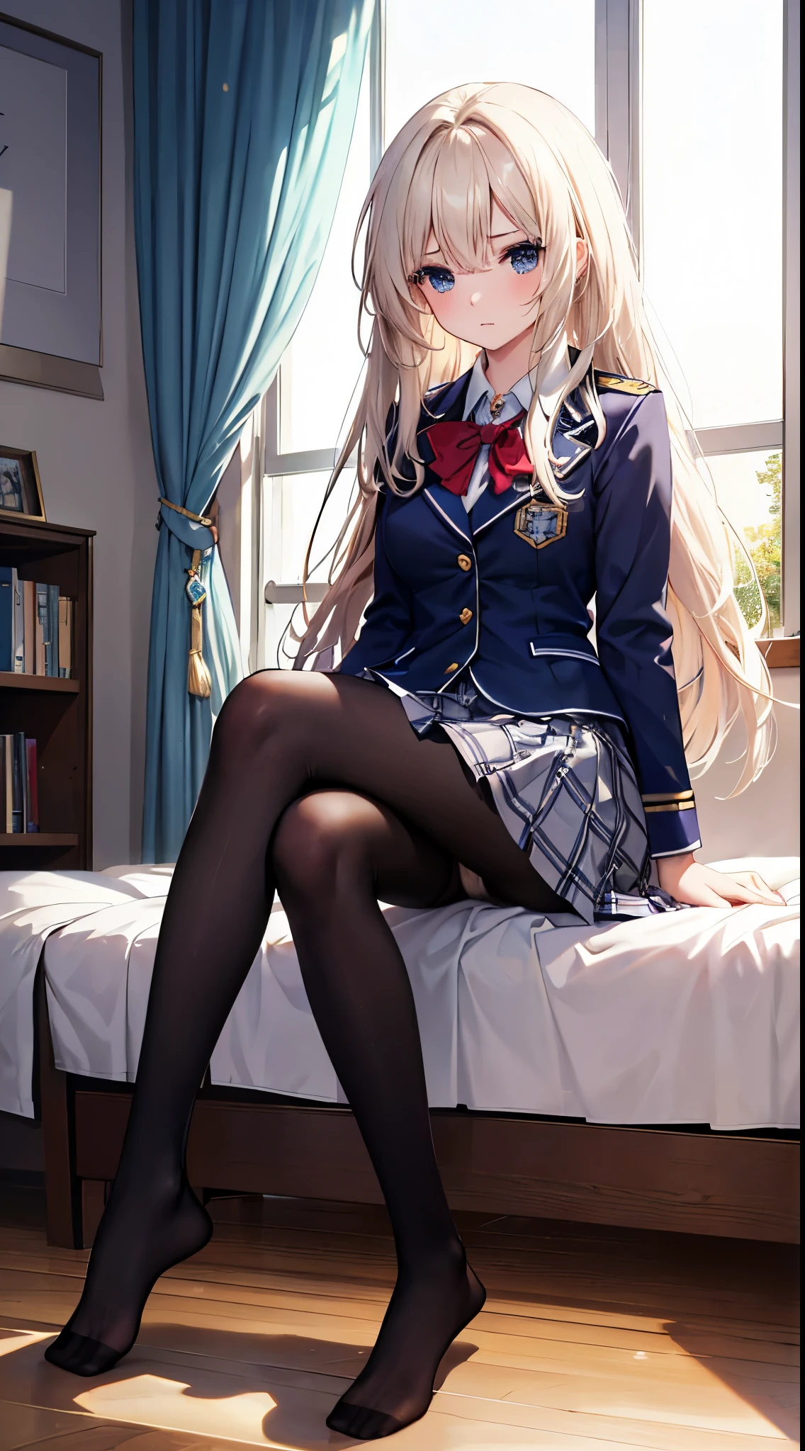 Finest, masterpiece, high definition, (full body), frontal, symmetrical, mature high school girl, solo, (full body from head to toe), small breasts, long hair, slightly messy hair, (black tights), ( (black pantyhose), black pantyhose, (composition in which she is made to sit and spread her legs),
composition showing white panties, slender beautiful legs, a very beautiful -yeld gi(not wearing shoes) legs), blushing, shy big eyes, messy hair, looking at camera, showing white panties, white frilly lingerie, high school uniform blazer, high school uniform White blouse, high school uniform with blue ribbon, high school uniform with short plaid pattern and navy pleated skirt