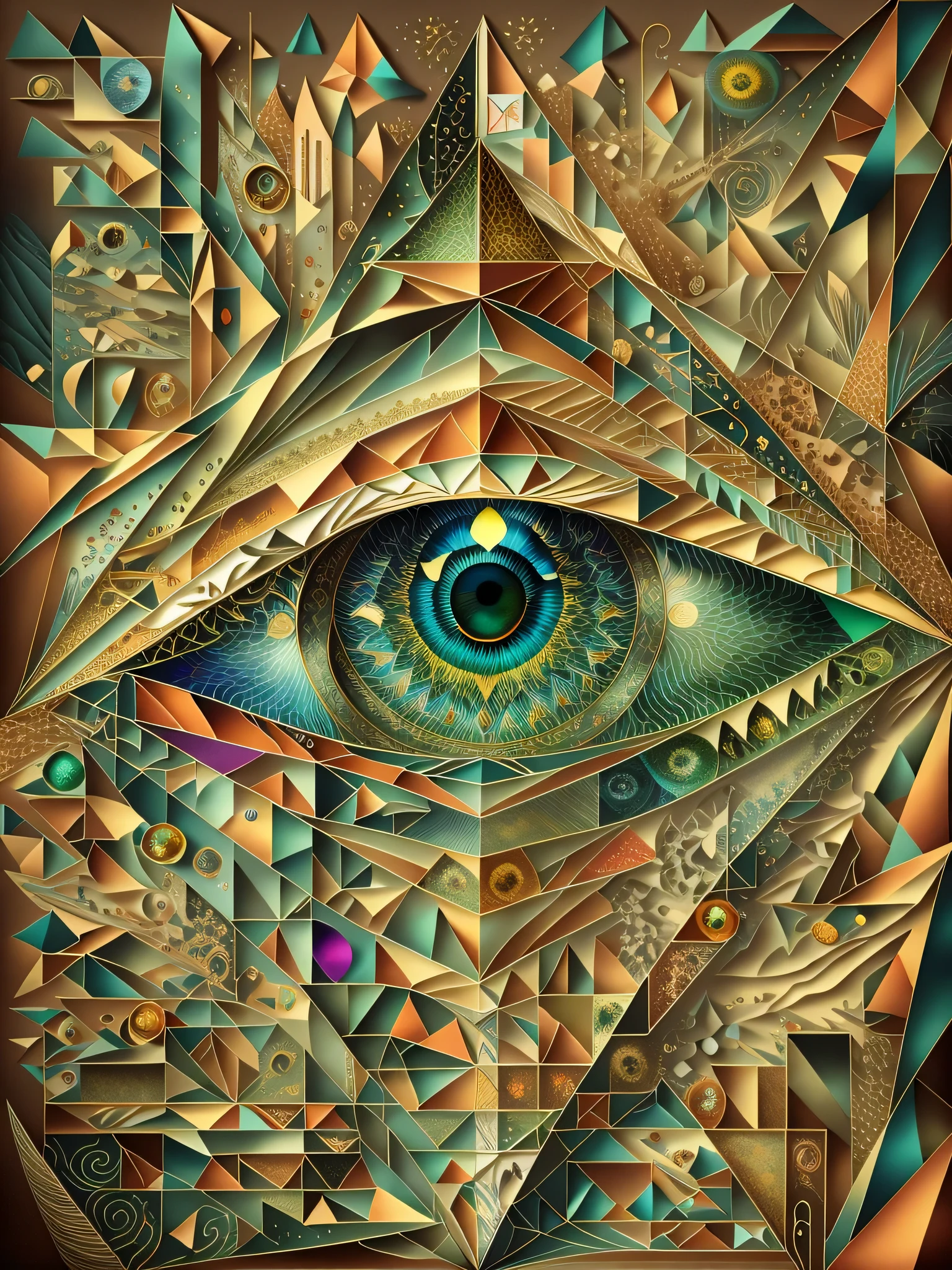 Visioneering's fractured planes assemble into an expansive cubist eye, simultaneously peering inward and gazing ahead. Shards of geometry in shades of brown, blue, and green interlock to form the intricate contours of the iris, whose enigmatic presence fills the canvas.

The abstracted ocular shapes hint at structures of perception - the lens, optic nerve, cornea, and lashes picked out in fragmentary triangular facets. The eye's fractal depths seem to recede infinitely inwards, conveying inner sight and imagination.

Yet the expansive pupil also stares boldly outwards, refracting the external world into splintered shards and contradictory planes. It confronts the viewer with an intelligent vision, aware and alert, as if critically examining all it surveys.

The paradoxical sense of vision directed outwards and inwards simultaneously creates an Escheresque quality, like an optical illusion unfolding in time. As we fall into the cubist gaze, spinning with possibilities, one truth becomes clear: perception is the only key to unlocking Visioneering’s riddles of perspective and dimensionality.