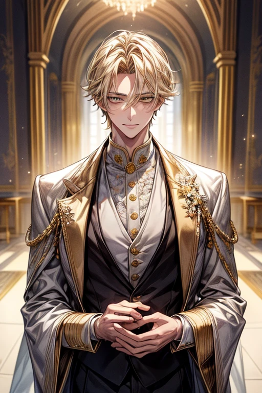((masterpiece:1.2、top-quality))、1male people、Short straight hair、((dark yellow hair))、Yellow eyes(a handsome:1.4)、long eyelashes、white suit、Fantasia、校服、royalty、flower garden、blooming flowers、sunlights、Fantastic Light and Shadow、Scenery of the Royal Palace、extra detailed face、Invincible smile、Depiction in motion、Tホテルのmasterpiece,best qualtiy,1 male,As-、Dark yellow hair straight and short,The shirt, seminude、アニメa handsomeな男,Wearing strict royal attire, white and gold royal costume, a handsomeなアニメのポーズ, a handsomeな見事なリアルな,Eyes are yellow、Center division、Forehead、A sexy、Tall、190cm、manly、handsome man、Beautiful shape、Best style、cool expression、Model Pose、A sweet smile