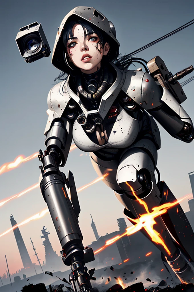 (three-quarter dutch angle camera angle shot:1.37), krenz cushart and Hajime Sorayama style, somber screen overlay, contrasting shadows, enhance and contrast where the colors meet, epic realism, ultra detailed, dark gradients, metallic gradients, visually rich digital illustration of a young woman (1.45m height), she is a bio-engineered hybrid cyborg, wielding an oversized mechanical chainsaw like Warhammer over her shoulder, long dark gray hair with white shimmering highlights, heterochromia, red and white metal eyes, otherworldly, dystopian, small bundles of wires jaggedly ripped from mechanical knees and elbows, debris, charcoal stained metals, soot stained skin, flames, let the viewer know that this is war, (((warrior))), dark and eerie, sci-fi, oppressive environment and mass destruction, mechanical high rise metallic buildings, (subject within the rule of thirds:1.56), intricate details, subtle colors, fantastical realm, extremely detailed, ultra sharp focus, scattered light particles, impressive attention to detail, vast open world, grandeur and awe, cinematic, foreign planet, stunning visual masterpiece, bright exposure, photorealistic, cinematographic scene, highest quality, 32k, octane render, (dynamic motion), dynamic pose, somber feeling, ww1 vibe, boundless details, full body, high refraction, high reflection, melted skin where the charcoal stains meet, whole body, (white reflections), samyang 35mm (FX Full-Frame) 100mm f/32.0 3.00m