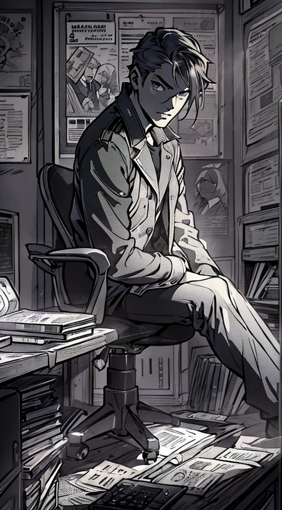 private investigator, (legs on desk,leaning back in chair:1.35), anime, monochrome, Art Deco, Gothic art, anime style, anatomically correct, masterpiece, high details, high quality, beautifully detailed eyes, captivating gaze, skillfully executed lighting, studio lighting techniques bringing out the man's features and the overall mood of the scene