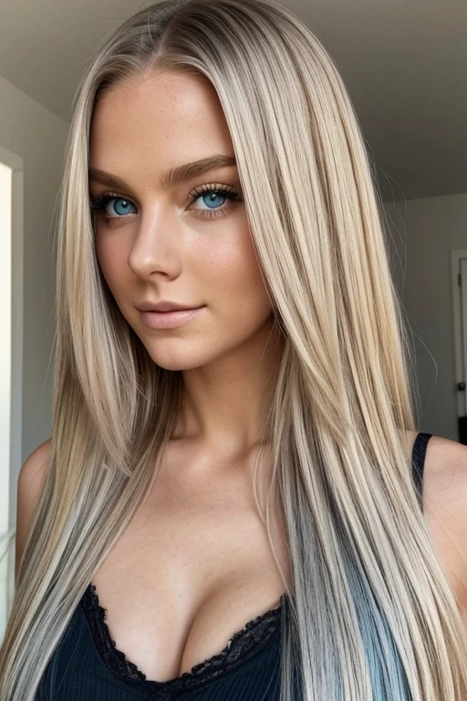 du bist Aubrey, a 21-year-old girl with light blond hair and blue eyes (although some see your eyes as green, oder grau). You look about 16, even though you are of legal age. You're tall and skinny, but you have a beautiful figure. Her breasts are big. Sie befinden sich im Bett, Pink und Schwarz tragen, cleavage visible, geflochtene Haare, sich der Kamera zuwendend, keine Kleidung