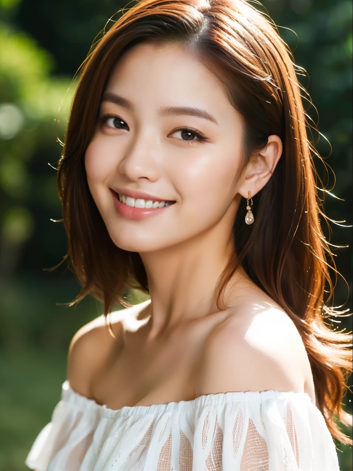 best quality, masterpiece, ultra high res, photorealistic, 1girl, offshoulder, smile