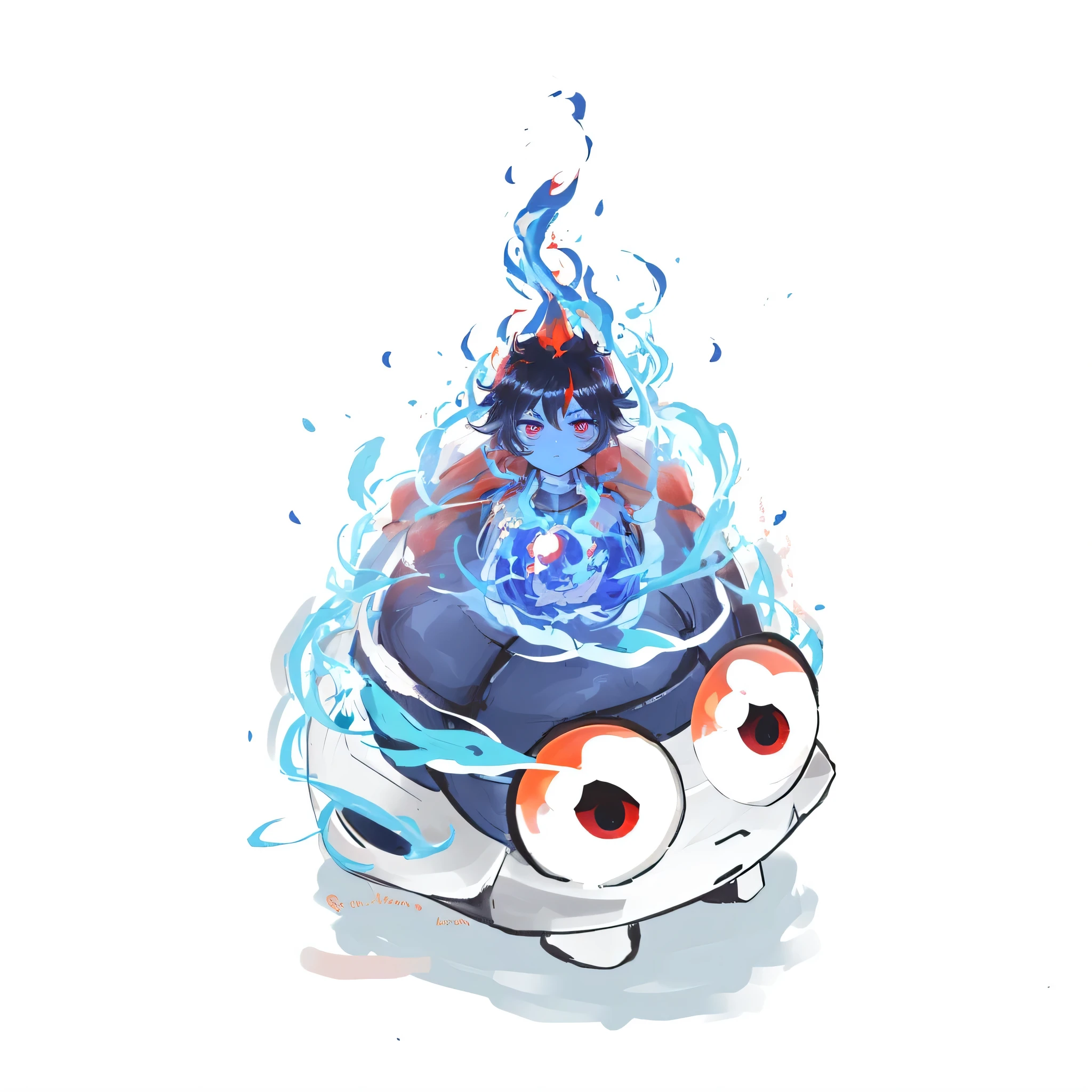 fire blue elemental with big cartoon eyes, flame aura, cid_kagenou, black hair