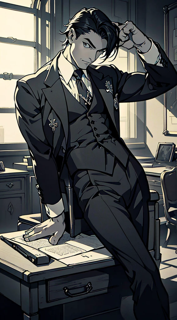 private investigator, (legs on desk,leaning back in chair:1.35), anime, monochrome, Art Deco, Gothic art, anime style, anatomically correct, masterpiece, high details, high quality, beautifully detailed eyes, captivating gaze, skillfully executed lighting, studio lighting techniques bringing out the man's features and the overall mood of the scene