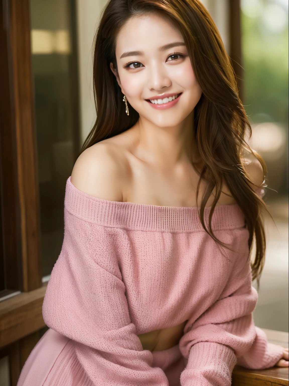 best quality, masterpiece, ultra high res, photorealistic, 1girl, offshoulder, smile