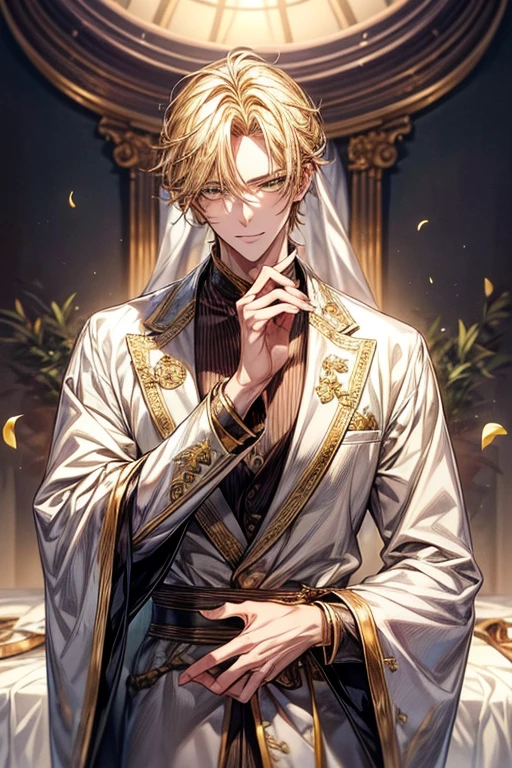 ((masterpiece:1.2、top-quality))、Short straight hair、((dark yellow hair))、Yellow eyes(a handsome:1.4)、long eyelashes、white suit、Fantasia、校服、royalty、flower garden、blooming flowers、sunlights、Fantastic Light and Shadow、Scenery of the Royal Palace、extra detailed face、Depiction in motion、Tホテルのmasterpiece,best qualtiy,1 male,As-、Dark yellow hair straight and short,The shirt, seminude、アニメa handsomeな男,Wearing strict royal attire, white and gold royal costume, a handsomeなアニメのポーズ, a handsomeな見事なリアルな,Eyes are yellow、Center division、Forehead、A sexy、Tall、190cm、manly、handsome man、Beautiful shape、Best style、cool expression、Model Pose、A sweet smile